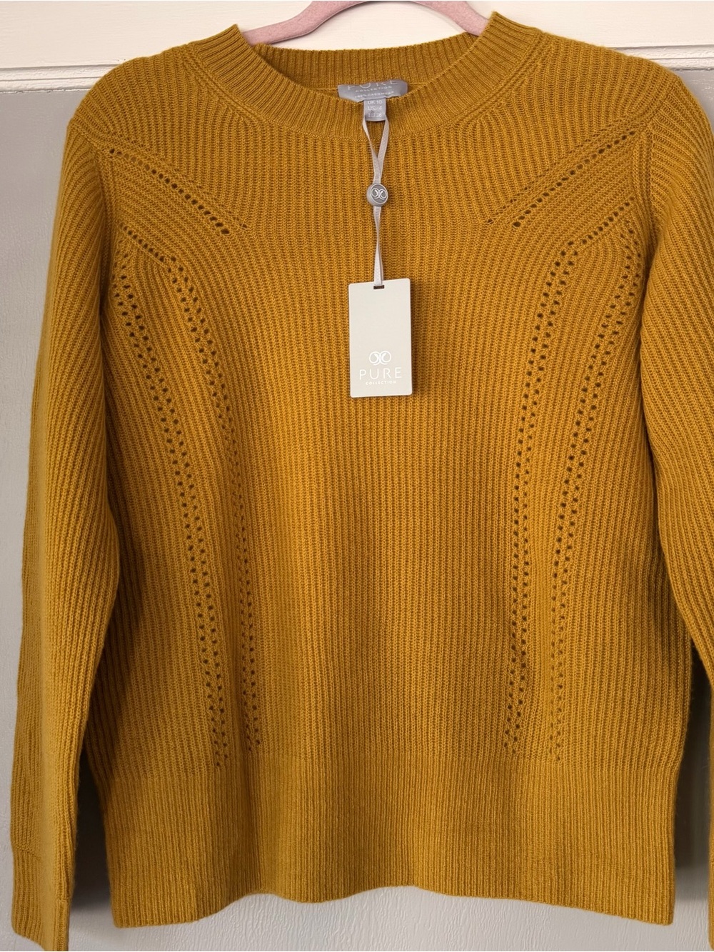 NWT Pure collection gassato pointelle 100% cashmere crewneck sweater mustard